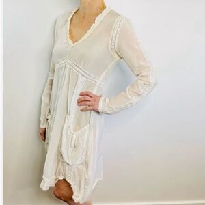 Sheer Boho Dress with Lace Trim in creamy white. Silk-Cotton Blend. Size 12/14